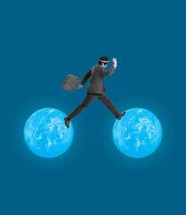 Young man, student with retro briefcase jumping from one planet to another. Contemporary art collage. International immigration, Day of Human Space Flight