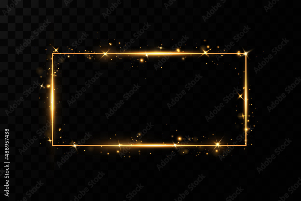 Poster golden frame with lights effects. shining rectangle banner. isolated on black transparent background
