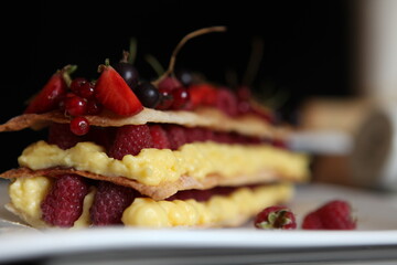Cakes, custard and fresh berries