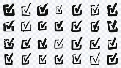 A set of checkmarks in a frame drawn with a brush. Checkmarks and a square are drawn with a pencil or brush. Doodle sketches isolated on transparent background. vector illustration.