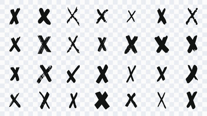 Collection of sets of crosses drawn with a brush. Ink pencil or brush painted crosses. Doodle sketches isolated on transparent background. Collection of 28 hand painted X signs. Vector illustration