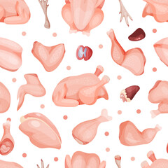 Fresh raw chicken meat seamless pattern. Organic meat products endless background vector illustration