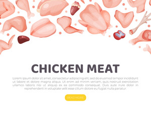 Chicken meat landing page template. Fresh meat assortment of butchery shop, online store website, homepage design vector illustration