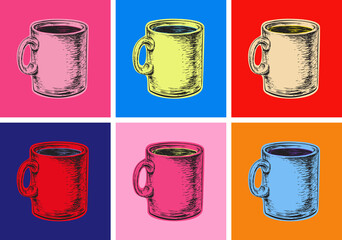 Set Coffee Mug Vector Illustration Pop Art Style. artificial art