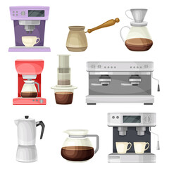 Coffee Brewing with Coffeemaker and Percolator as Cafe Cooking Appliance Vector Set