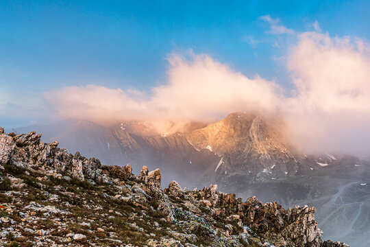 Golden sunlight at sunrise in the mountains (Ulldeter, Pyrenees Mountains)
