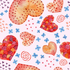 Seamless pattern with orange hearts and blue flowers. 
Can be used for wrapping, scrapbooking, wallpaper