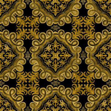 Watercolor Painted Golden Floral Damask Seamless Pattern On A Black Background. Tile With Hand Drawn Gold Scrolls, Leaves And Branches