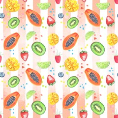 Seamless pattern with watercolor fruits and berries