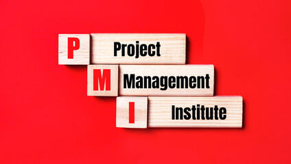 On a bright red background, wooden cubes and blocks with the text PMI Project Management Institute. Manufacturing of wooden toys.