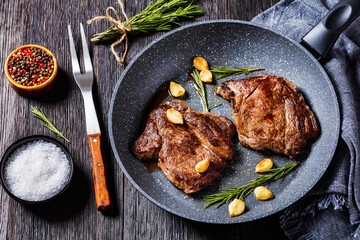fried juicy chuck eye beef steaks, top view