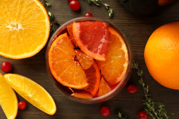 Concept of alcohol drink with Sangria, top view