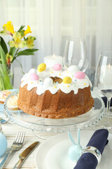 Concept of Easter food on white wooden table