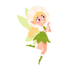 Charming fairy in an outfit and leaves and a headdress made of flower petals jumps on one leg. The concept of a fairytale character with cute wings in a funny pose