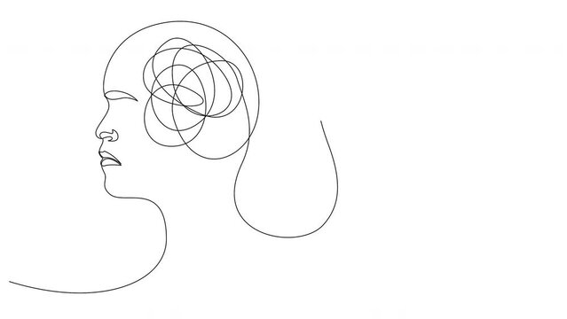 Self drawing animation of one continuous line two human heads with opposite thinking. The concept of chaos and order in thoughts.