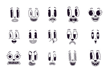 Retro cartoon mascot characters funny faces. Old eyes and mouth animation elements. Vintage comic smile vector set. Emoticon with happy and funny or sad and angry emotions