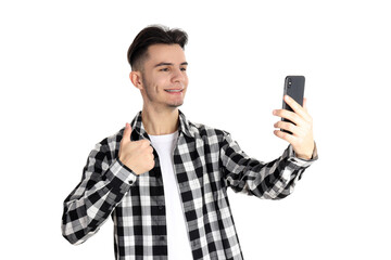 Guy in shirt with phone isolated on white background