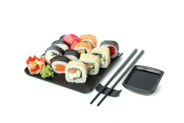 Concept of tasty food with sushi rolls isolated on white background