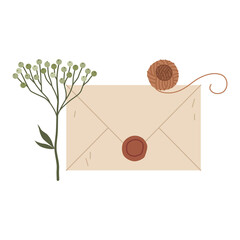 Old brown parchment paper envelope with a red wax seal with an embossed seal. Image of a postal letter in a retro or antique style