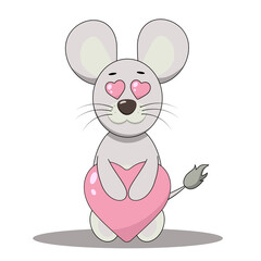 Cute little mouse in love holding a heart illustration. Gray cartoon field mouse