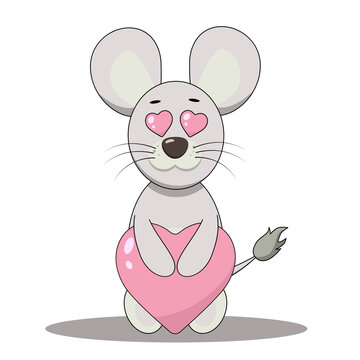 Cute little mouse in love holding a heart illustration. Gray cartoon field mouse