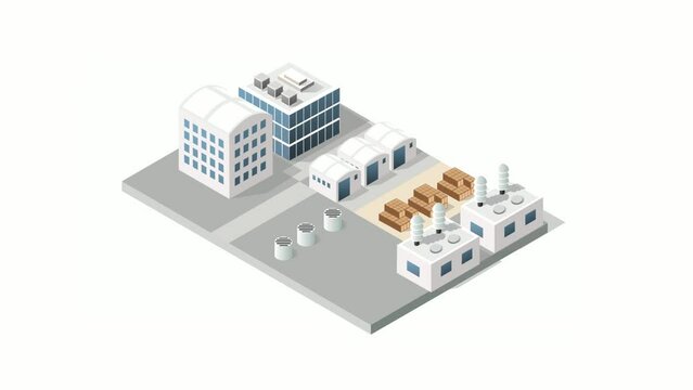 Isometric 3D city module industrial urban factory animation which includes buildings, power plants, heating gas, warehouse. Flat map isolated infographic element set structures