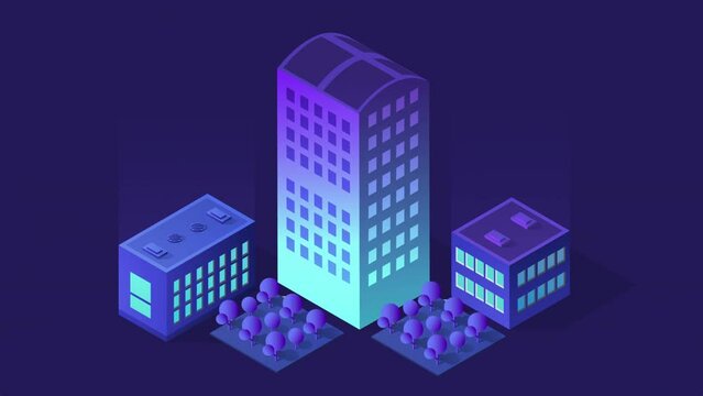 Animation 3D illustration city on blue background from isometric building street architecture on modern creative violet night style