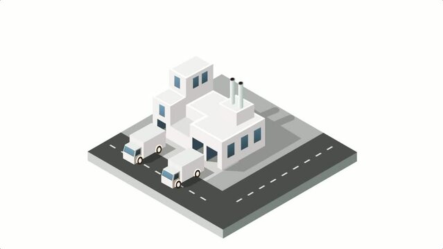 Isometric 3D city urban factory which includes building motion, animation