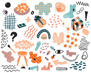 Abstract doodle elements and figures set.  Vector bundle with lines, waves, plus, stripes, curves, grid, spots, stars, dots.