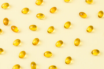 Close up of  oil filled capsules suitable for: fish oil, omega 3, omega 6, omega 9,  vitamin A,...