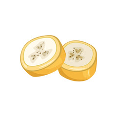 Sliced of sweet yellow banana in peel. Part of delicious healthy exotic fruit. Vector flat food illustration