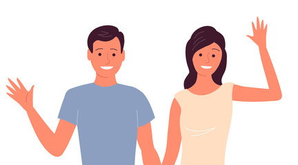 Happy young man and woman on white background. Happy couple holding hands. Greet with a hand gesture. On the face of a smile. Flat vector illustration isolated on white background