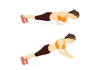 Sport women doing exercise with Clapping push ups. Workout diagram for a target on abdominal and chest muscles with no equipment.
