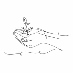 Continuous one simple single abstract line drawing of plant  with hand holding nature icon in silhouette on a white background. Linear stylized.