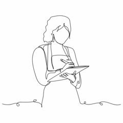Continuous one simple single abstract line drawing of business or waiter woman icon in silhouette on a white background. Linear stylized.