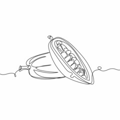 Continuous one simple single abstract line drawing of cocoa pod with cut in half sliced icon in silhouette on a white background. Linear stylized.