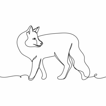 Continuous one simple single abstract line drawing of fox portrait animal concept icon in silhouette on a white background. Linear stylized.