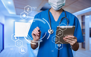 Medicine doctor and stethoscope using tablet with icon medical network connection