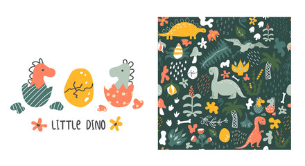 Dino pattern. Little dino and cracked egg. Vector background. Seamless pattern with dinosaurs, prehistoric plants, spots, traces,  raindrops and eggs. Baby print