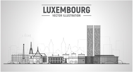 Luxembourg city line skyline with panorama on sky background. Vector Illustration. Business travel and tourism concept with old buildings. Image for presentation, banner, website.