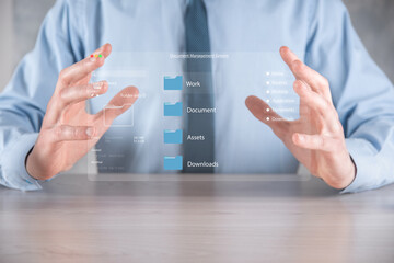 Document management concept. Virtual screen icons Document Management System DMS Online document database, software for efficient archiving, searching and management of company files and data.