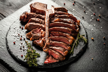 T-bone grilled beef steak. Dry Aged Barbecue Porterhouse Steak. Medium rare. American cuisine. Long banner format, top view