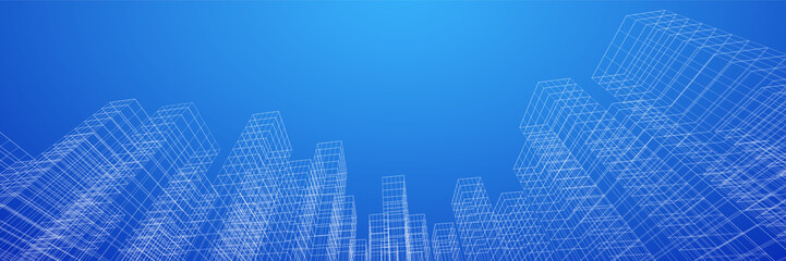 Abstract architecture background. Linear 3D illustration. Building construction perspective