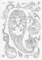 Fototapeta na wymiar Vector Nautical paisley ornament from silver grey doodle mermaid silhouette, sea anchor, pirate with parrot, ocean fish on a wavy white background. Adults coloring book page