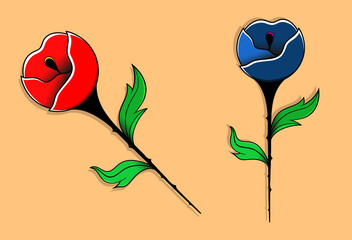Draw of traditional red and blue rose tattoo