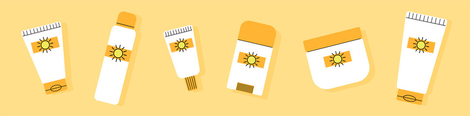 Sunscreen cream bottles set web banner. Different skincare cosmetic products, summer protection SPF sunblock lotion, jar, spray isolated on yellow background. Bright flat style cartoon linear vector.
