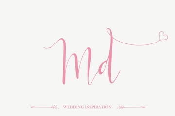 MD monogram logo.Calligraphic signature icon.Letter m and letter d.Lettering sign isolated on light fund.Wedding, Valentine's day alphabet initials.Elegant, handwritten, luxury style.Heart outline.