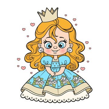 Cute cartoon princess in ball dress with roses color variation for coloring page on a white background
