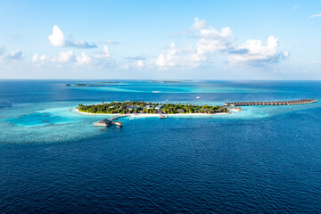 Aerial view, Asia, Indian Ocean, Maldives, Lhaviyani Atoll, Hurawalhi Island resort with beaches...
