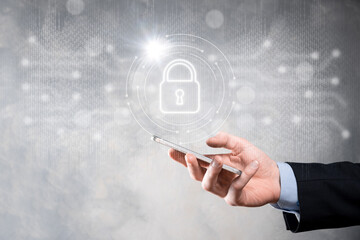 Cyber security network. Padlock icon and internet technology networking. Businessman protecting data personal information on tablet and virtual interface. Data protection privacy concept. GDPR. EU